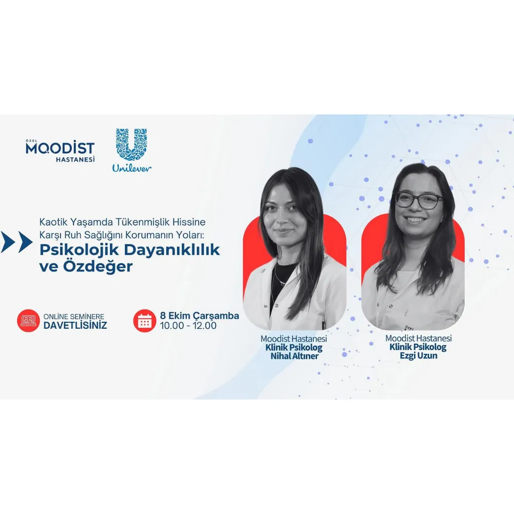 Moodist Hastanesi ve Unilever iş birliğiyle düzenlenen, Klinik Psikolog Nihal Altıner'in konuşmacı olduğu 'Psikolojik Dayanıklılık ve Özdeğer' konulu online seminer duyuru afişi.